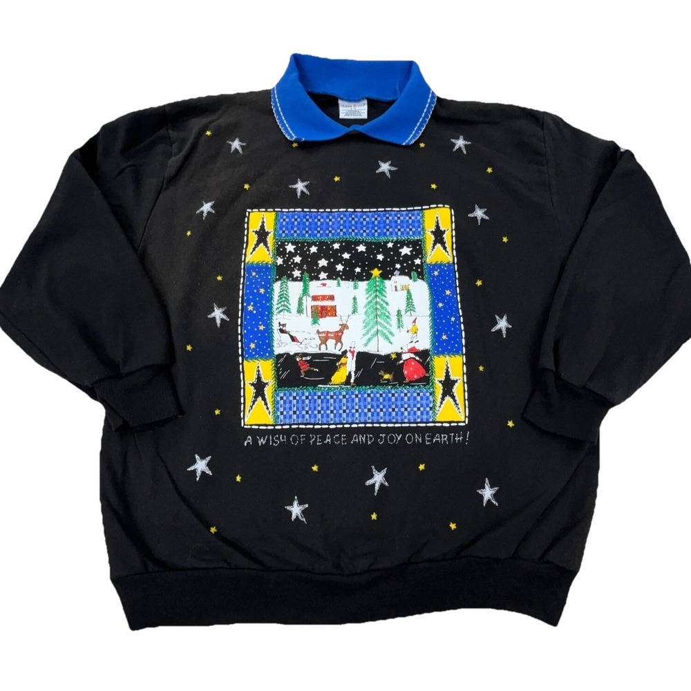 Vintage Christmas Sweater Women Large Black Blue Sweatshirt USA 90s Grandma
